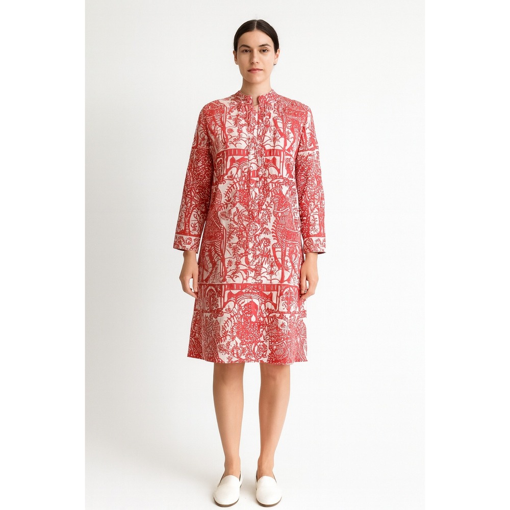 Indian cotton dress 70s vtg red white horse warrior long sleeve tunic dress
